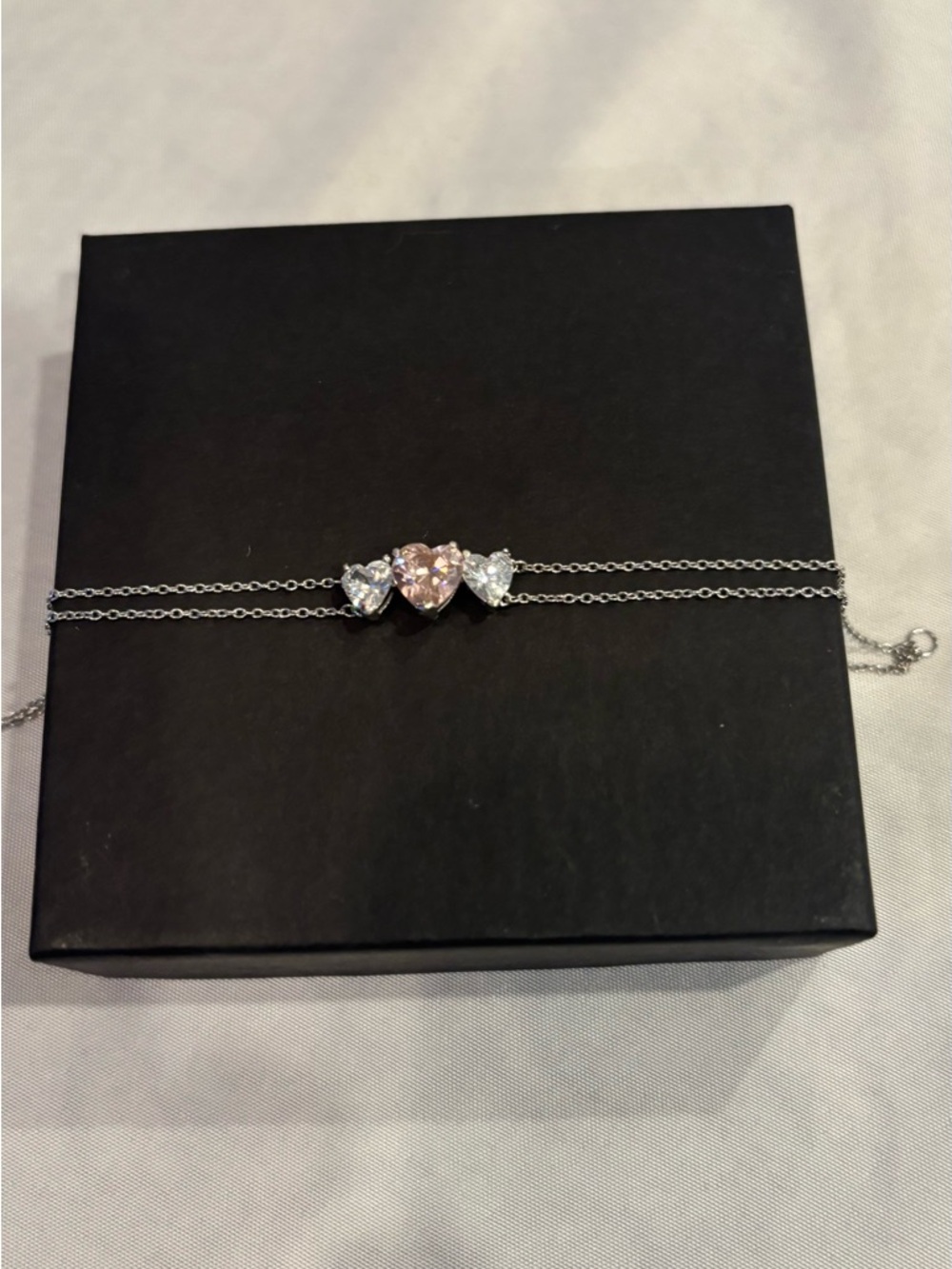 Delicate Pink Heart & Clear Stone Double-Chain Anklet